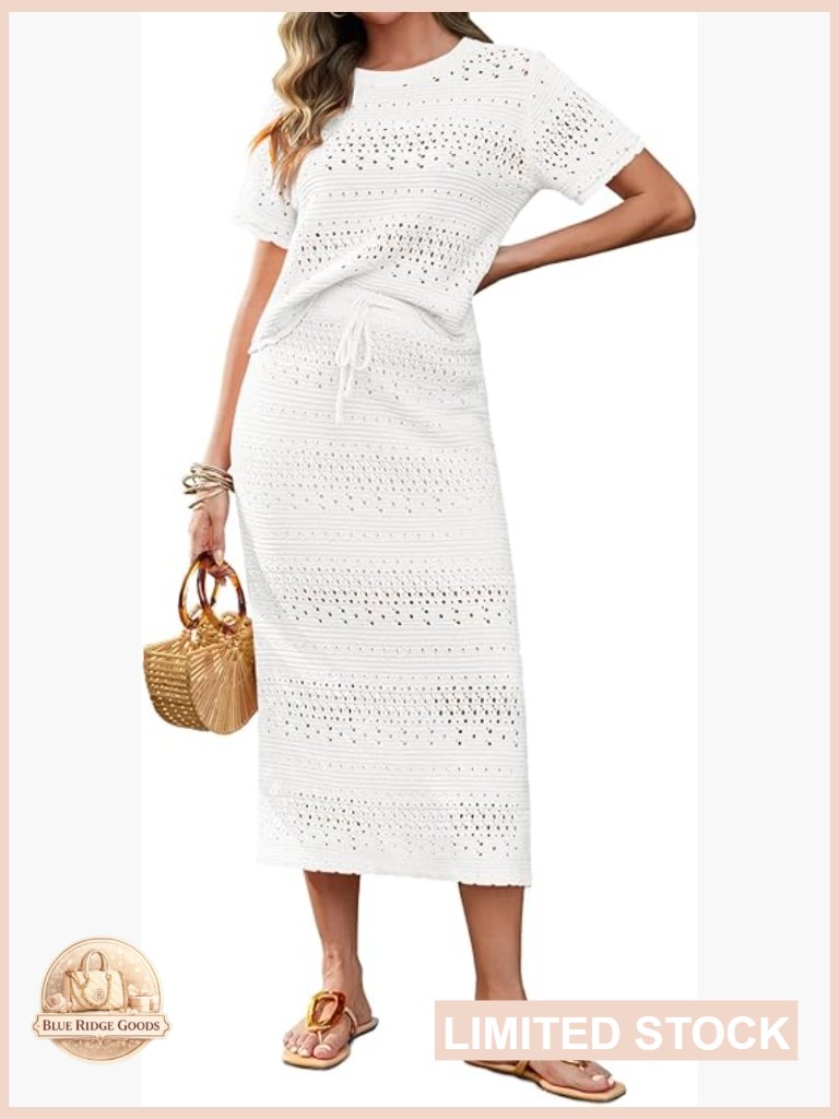 Crochet Cover Up Set Short Sleeve Top Midi Skirt Vacation Beach Outfit